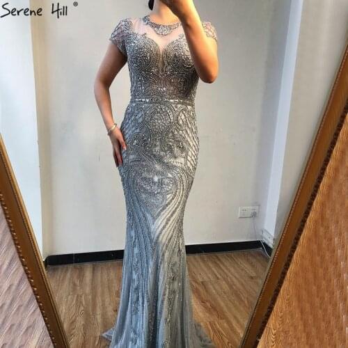 Luxury O-Neck Formal Dress Women Elegant Mermaid Cap Sleeves Grey Beading Crystal Evening Dresses Serene Hill 2020 BLA70455