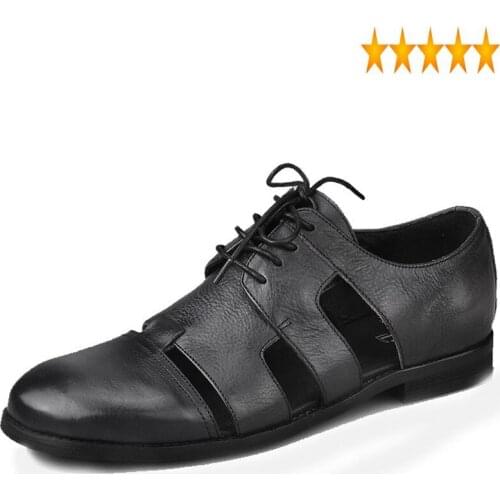 Man Retro Rome Summer Business Casual Lace Up Sandals Hollow Out Breathable Genuine Leather Gladiator Block Low Heels Men Shoes
