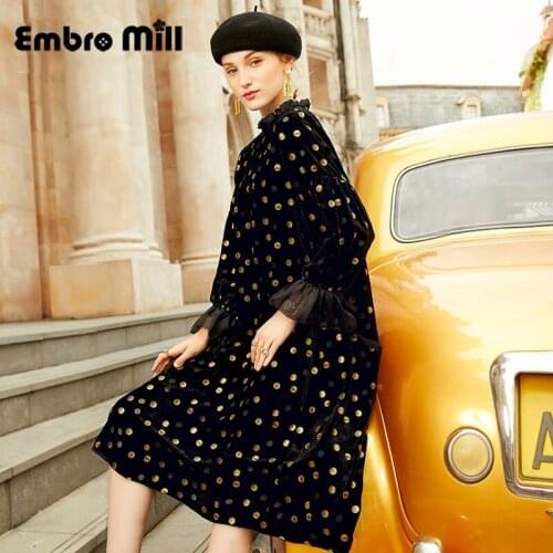 Autumn And Winter New Vintage Silk Velvet Polka Dot Street Style Lotus Leaf Sleeve High Waist A-line Dress S-XL