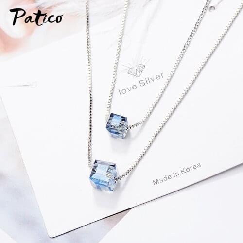 Stylish Genuine 925 Sterling Silver Jewelry Korean Fashion Square Crystal Clavicle Double Chain Female Pendant Necklace Jewelry