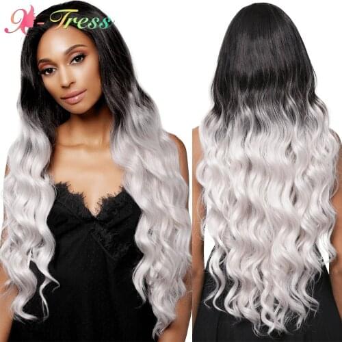 X-TRESS Ombre Gray Wig Synthetic Lace Front Wigs for Black Women Long Body Wavy Soft Heat Resistant Fiber Free Part Lace Wig