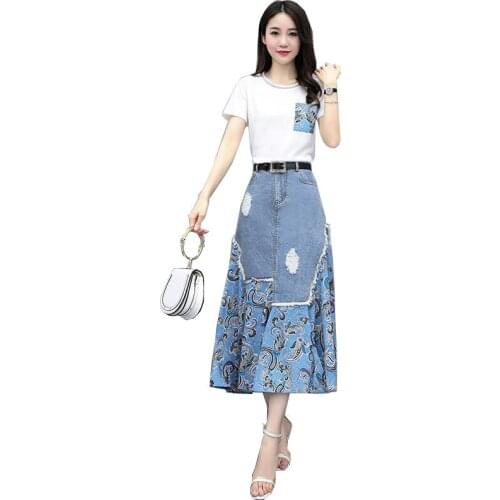 Women 2-Piece Set 2021 New Female Summer Two-Piece Lady Fashion T-Shirt+Cowboy Skirt High-end Two-piece Temperament 2-Piece Set