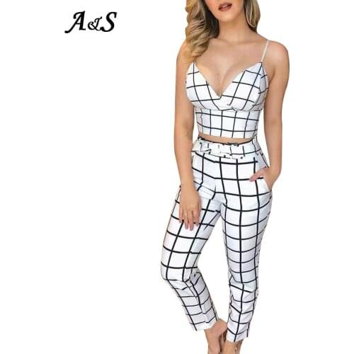 Anbenser Women Two Piece Sets Summer Short Sleeveless Grid V-neck Wrapped Plaid Cami Top High Waist Bodycon Ankle-length Pants