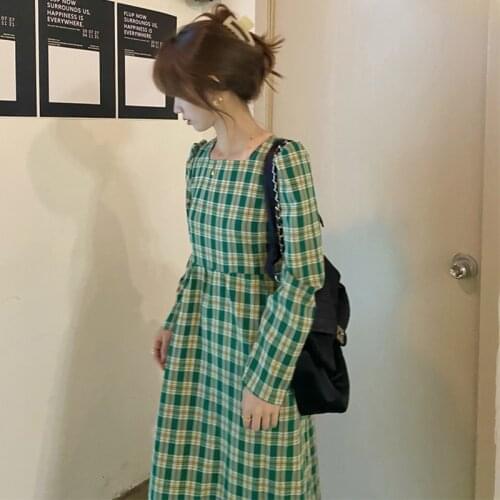 2021 New Women Sweet Spring Round Collar Green Checkered Dress Full Sleeve Slim Waist A-line Pullover Midi Plaid Dresses