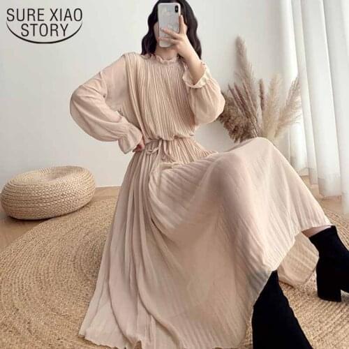Plus Size Elegant Autumn Korean Style Pleated Chiffon Dress Women Loose Stand Collar High Waist Waistband Slim Long Dress 12536