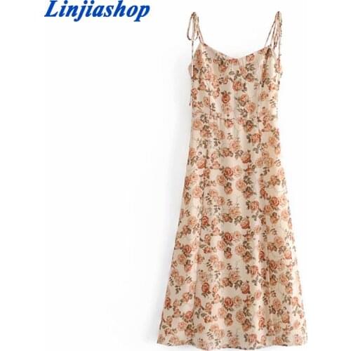 Vintage Prairie Chic Floral Print Chiffon Dress Women Sleeveless Sexy Slits Vestido Mujer A-line Midi Sling Summer Dress