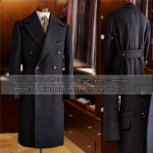 YIWUMENSA Winter Wedding Groom Wear Suits Slim Fit Deep Navy Long Sleeves Overcoat Tuxedos Double Breasted Woolen Blazer Jacket