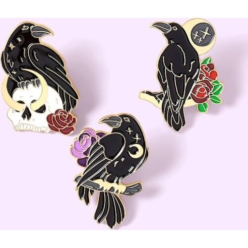 Cartoon Black Gothic Crow Enamel Pin Fashion Animal Brooch Denim Jeans Shirts Bags Celebrated fashion Jewelry Gift for Friends