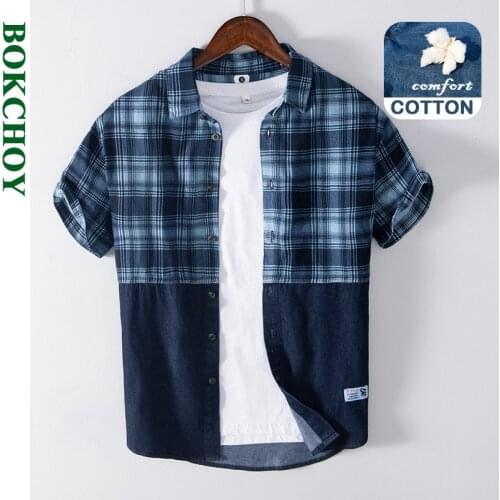2021 Summer And Spring New MenBlue plaid shirt casual color matching striped short-sleeved top GA-L872