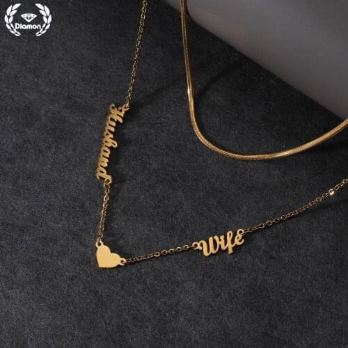 Diamon Personalized 2 Names Stainless Steel Double Layer Necklace Thick Chain Heart Pendant Custom Nameplate Jewelry Women Gift