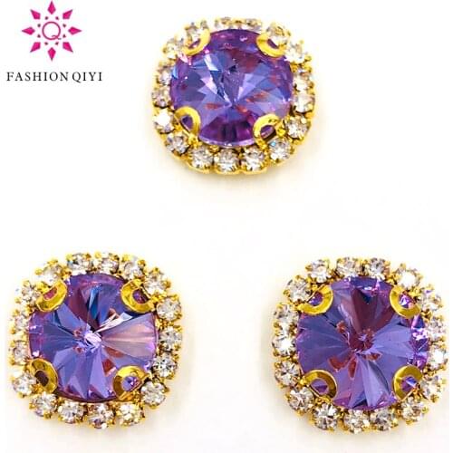 Factory outlet 10pcs Crystal viole Round gold base sew on rhinestones Crystal buckle wedding decoration diy/clothing accessories
