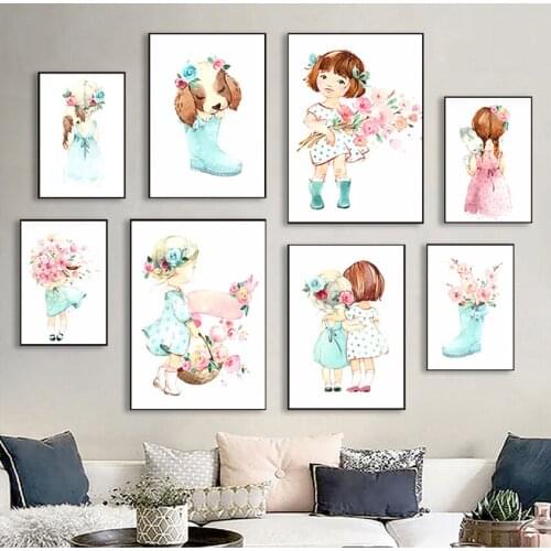Canvas Painting Nursery Wall Pictures For Kids Room Decor Cute Baby Girl Rose Flower Umbrella Nordic Posters And Prints Wall Art