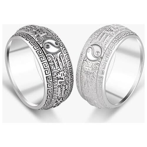 990 Silver Good Luck Ring Real PURE Silver Fengshui Bagua Symbol Spinning Ring Taichi Symbol Turning Ring