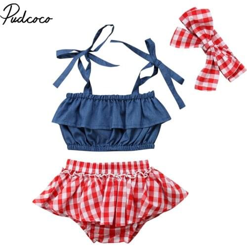 Pudcoco Baby Girl Clothes Set Ruffles Strap Tops + Plaid Shorts Pants+Headband Outfits 3PCS Baby Summer Clothing