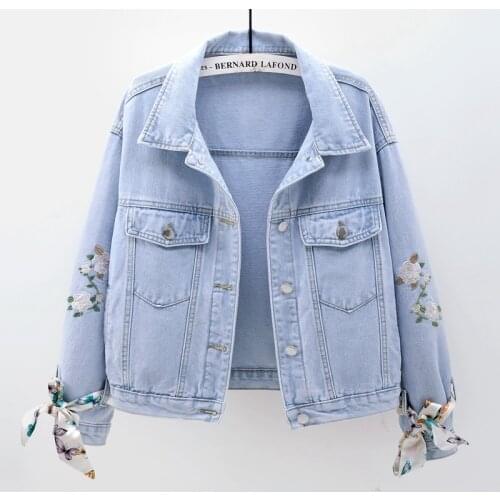 Spring Autumn Embroidered Flowers Denim Jacket Women Streetwear Loose Korean Outerwear Bow Long Sleeve Jeans Jacket Coat Female