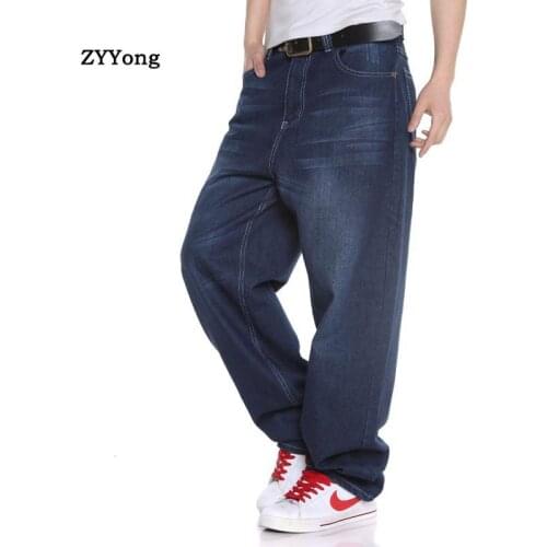 2021 Loose Hip Hop Jeans Men Denim Pants Big Tide Blue Straight Skateboard Wide Leg Trousers Clothing Plus Large Size 30-46