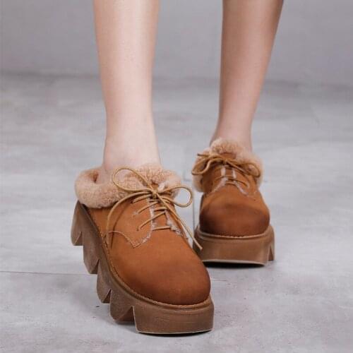 Original Genuine Leather Warm Plush Slippers Thick Heel Fur Women Outdoor Slippers Wool Winter Snow Platform Sandals Indoor Shoe