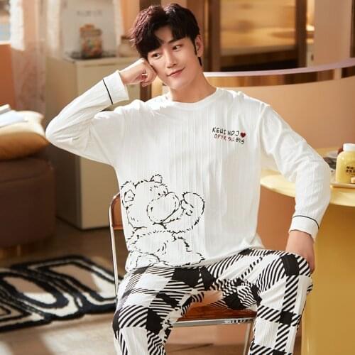 Mens Leisure Winter Long Sleeve White Cotton Pajamas Set Warm Homewear Trendy Cartoon Muppet Bear Printed Mens 2 Pcs Sleepwear