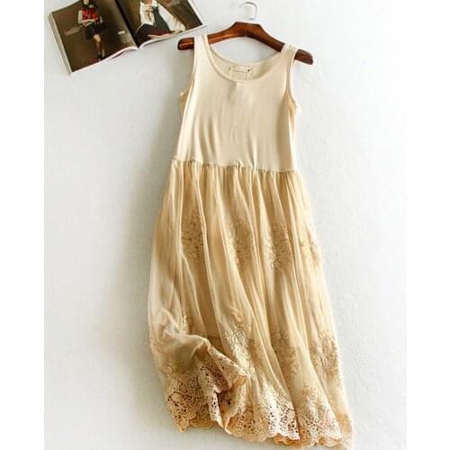 Summer Modal Cotton Floral Embroidery Lace Dress Women Mori Girl Sleeveless Mesh White Black Loose Female Kawaii Tank Dress C006