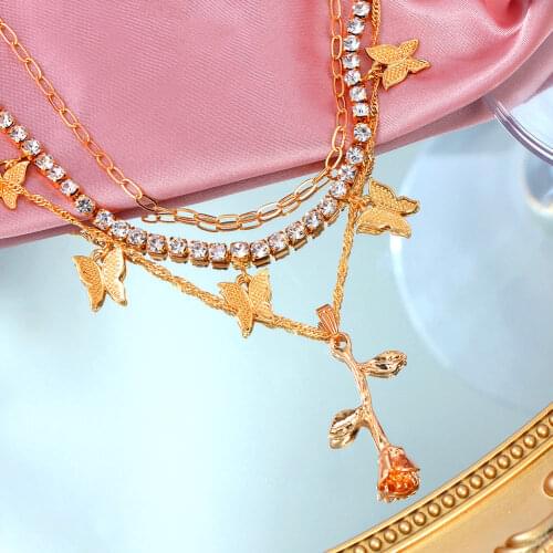 JUST FEEL Shine Crystal Tennis Chain Choker Necklace For Women Metal Butterfly Rose Pendants Necklaces 2020 Fashion Jewelry Gift