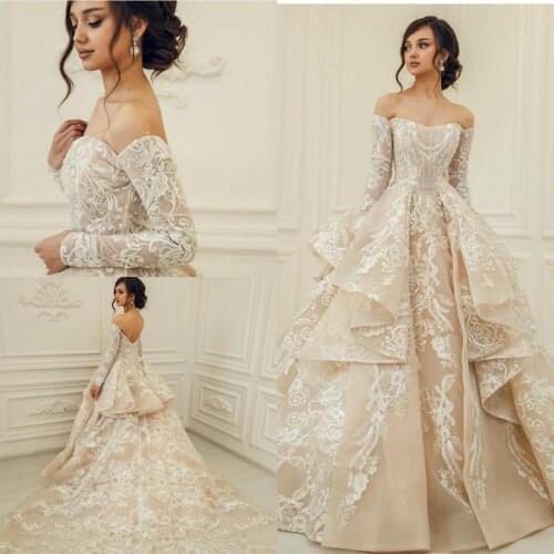Champagne A Line Wedding Dresses Off Shoulder Lace Appliques Long Sleeve Sweep Train Bridal Gowns Plus Size Tulle Wedding Dress