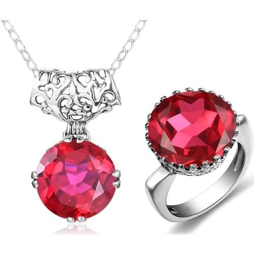 Szjinao 925 Silver Jewelry Set For Women Genuine 925 Sterling Silver Vintage Unique Ruby Gemstone Pendant Ring Set Fine Jewerly