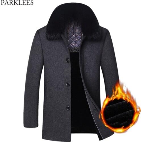 2021 Winter Thickened Wool Trench Coat Fake Fur Collar Mens Cashmere Coat Slim Fit Woolen Peacoat Windbreaker Manteau Homme 4XL