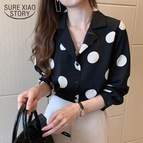 Hong Kong Style Vintage Tops Chiffon Plus Size Blouse Dot Shirts Women 2021 Spring Fashion Notched Blusas Mujer De Moda 8886 50