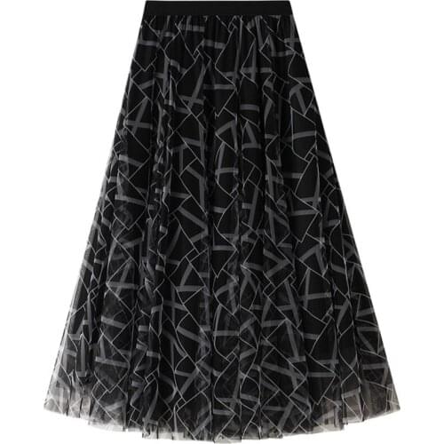 2021 Korean Fashion Long Skirt VD1810 Geometry Printed Women Summer High Waist Black Mesh Tulle Skirt