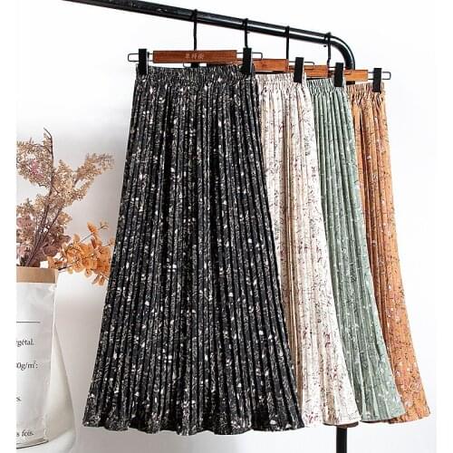 Big Swing Pleated Long Skirts Womens 2021 Elastic Waist Chiffon Pleated Skirt Floral Long Skirt Printed Mid-length Skirt