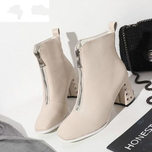Fashion Soft Leather Ankle Boots for Women 2020 New Spring Autumn Front Zipper Thick High Heels Women Boots Black Beige