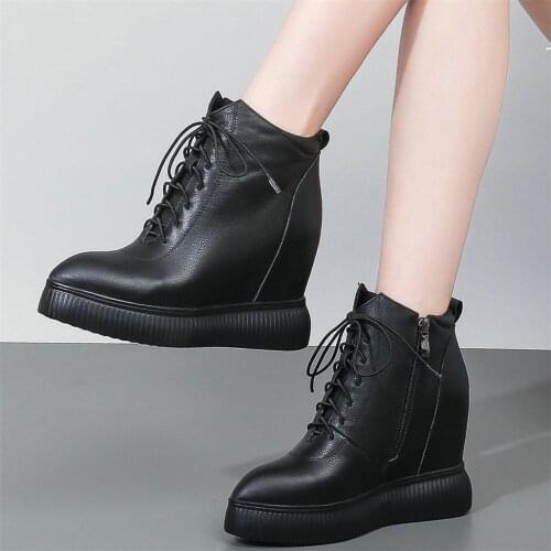 High Top Creepers Women Lace Up Genuine Leather Wedges High Heel Ankle Boots Female Pointed Toe Fashion Sneakers Casual Shoes