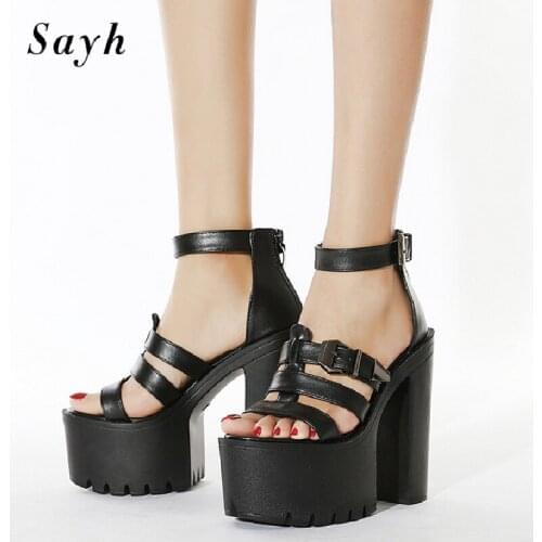 Women Summer Leather Sandals Punk Rome Platform Pumps High-Heel Buckle Club Runway Shoes Size Plus