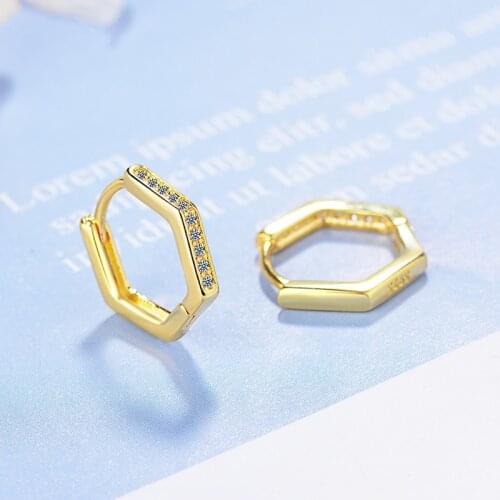 Womens Fashion Hexagon Hoop Earrings Crystal Stud Golden/White Small Huggies Charming Earring Piercing Jewelry For Lady Girls