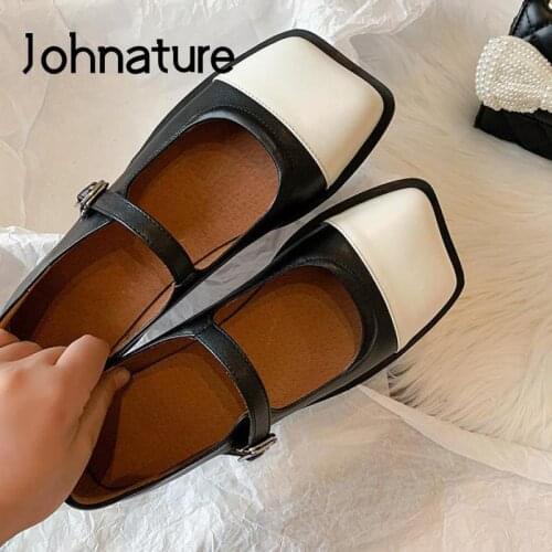 Johnature Pumps Mary Janes Women Shoes Genuine Leather Square Toe Buckle Strap Retro Mixed Colors Sewing Handmade Ladies Shoes