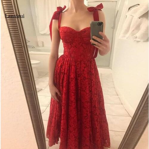 Red Tie Bow Bohemian party Dress Women Ruched High Waist Backless Spaghetti Strap Midi Dresses Summer Ruffle Beach Vestidos