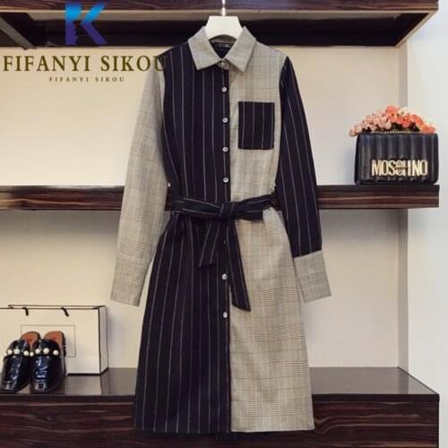 Spring Autumn Women Plus Size Dress Single Breasted Fashion Patchwork Loose Mid Long Dress Lapel Long Sleeve Party Dress Female