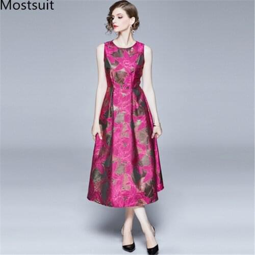 2020 Summer Sleeveless Jacquard Long Pleated Dress Women O-neck Fashion Ladies Runway Elegant Party Dresses Vestidos Dresses