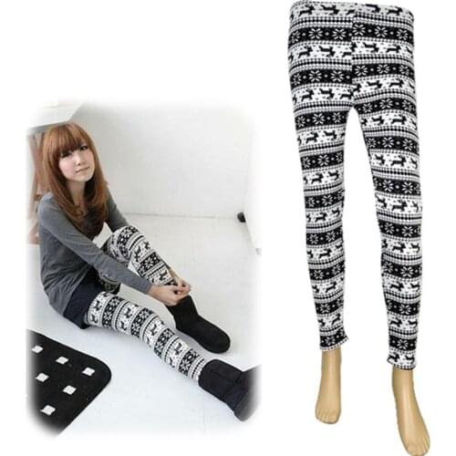Winter Thickening Warm Pencil Leggings Women Skinny Fleece Pants Deer Snow Flower Pattern Thermal Trousers