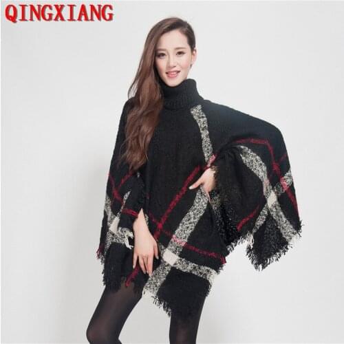 2019 Winter Knitted Bat Long Sleeves Sweater Triangle Tassel Pullover Coat Women V Neck Cape Printed Black Loose Poncho