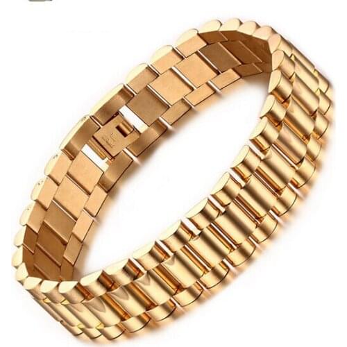 15mm 8.66'' Stainless steel watchband chain Link Bracelet Gold Charming Women Men Jewelry