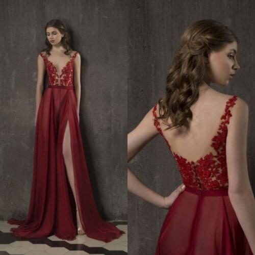 2020 Prom Dresses V-Neck High Side Split Lace Appliques Evening Gowns Custom Made Floor-Length Special Occasion Dress