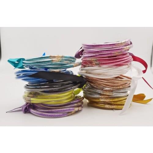 5pcs per set Hot sale USA design glitter PVC jelly bangle set Golden bowknot satin ribbon