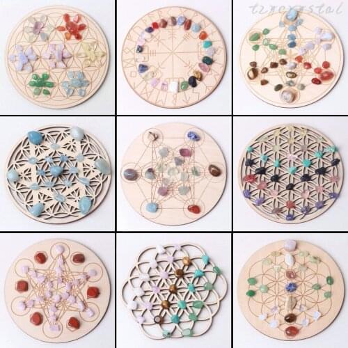 Chakela Flower of Life Meditation Geometric Pattern Wooden Board Mini Stone Feng Shui Set