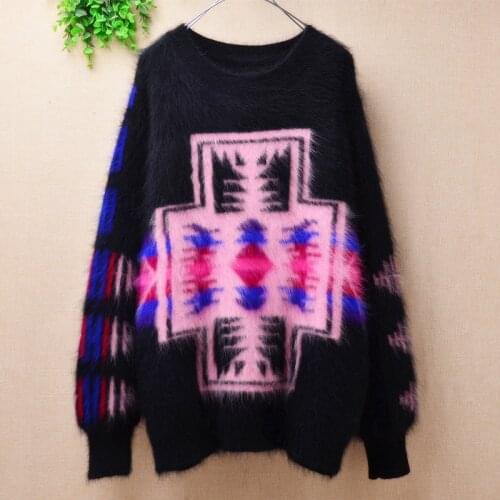 Ladies women fashion winter hairy plush mink cashmere knitted printing winter thick warm angora fur jumper sweater pull blouses