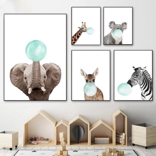 Baby Animal Blue Bubble Poster Nursery Canvas Wall Art Print Zebra Giraffe Painting Nordic Kids Decoration Picture Bedroom Decor