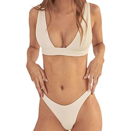 Women Push Up Solid Color Padded Bra High Cut Thong Bathing Suit Bikini Two Piece Set for Summer Lady Swimwears Sexy Swimsuit