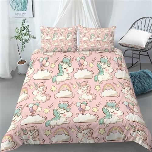 Home Living Luxury 3D Cartoon Unicorn Print 2/3Pcs Soft Duvet Cover PillowCase Bedding Sets Kids Queen and King EU/US/AU Size