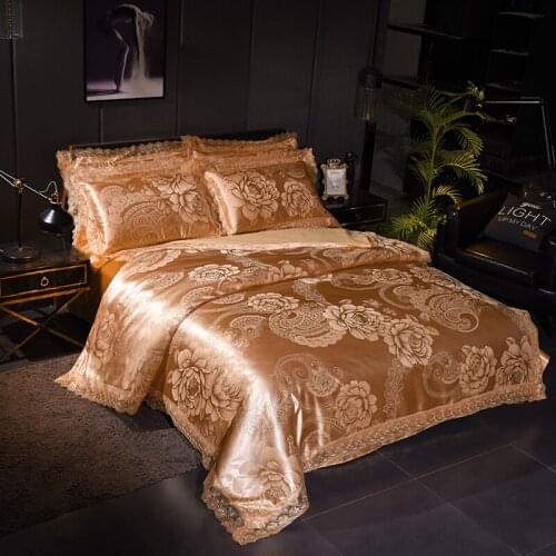 Dropshipping Wedding Duvet Cover Set Wedding golden Jacquard bedding set Lace flat sheet Pillowcase 4pcs European luxury GIFE