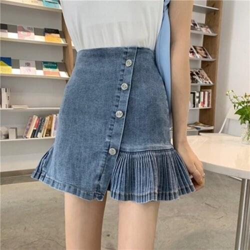 Denim Mini Skirt Women 2021 Summer New A-line Ruffle Pleated Korean Style High Waist Trumpet Meamaid Female Sexy Short Skirts